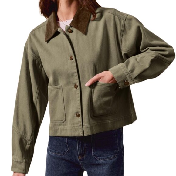 Cropped Barn Jacket Corduroy Collar Vintage Workwear Chic Button Down